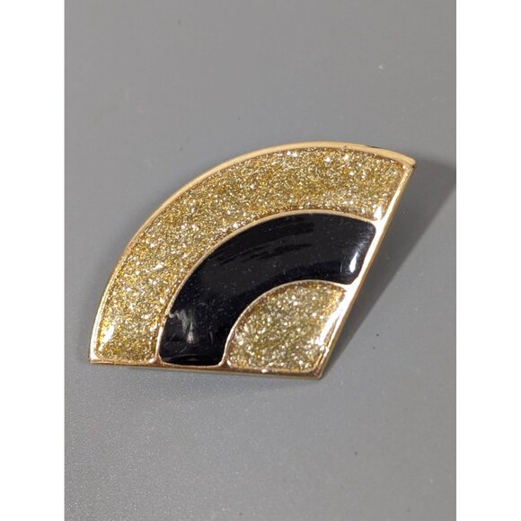 Vintage Golden Glitter Black Enamel Fan Brooch Pin Art Deco - Picture 1 of 6